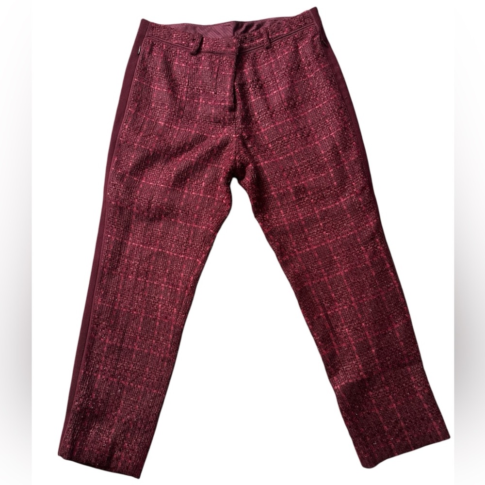 TORY BURCH Women’s Cropped Burgundy Tweed/Wool Blend Pants - Picture 3 of 7
